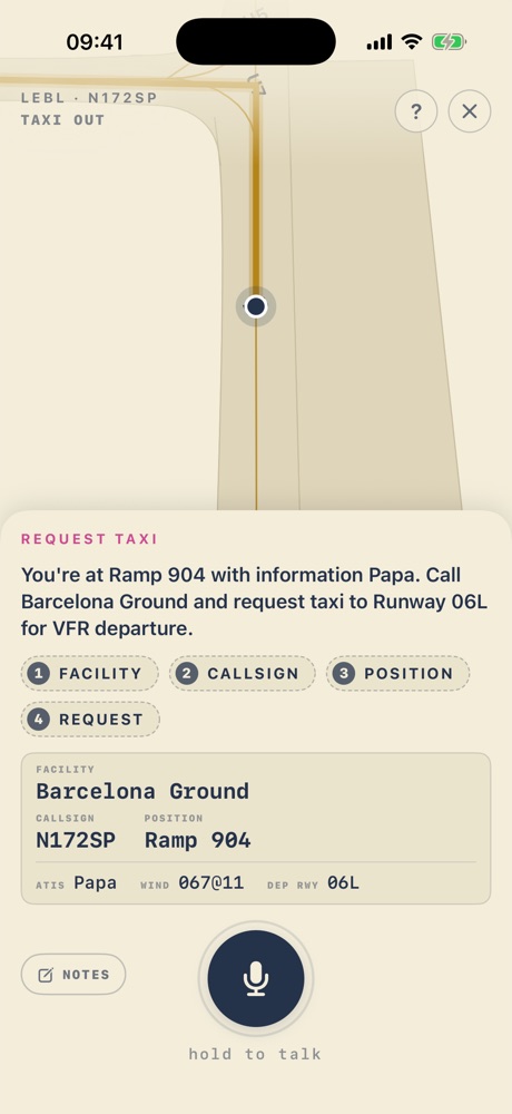 Live radio in ATC Ready: the task, the parts of the call, and a kneeboard with facility, callsign and position
